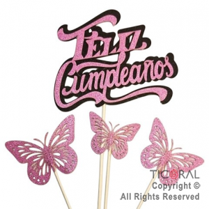 CAKE TOPPER MARIPOSA FELIZ CUMPLEAOS ROSA Y NEGRO GIBRE CON PINCHE X 1